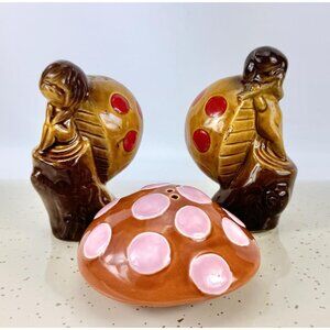 Vintage 60s mushroom fairies shakers, set of 3 ceramic salt pepper shakers